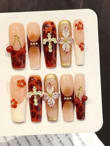 10PCS Coffin Handmade Press On Nails, Y2K,Sweet And Cool Black Powder, Cherry Flower Decoration,Suitable For Girls And Women Festivals Parties,Music Festival,Daily Wear,Valentine's Day Gift. - Mocha Brown - View 2