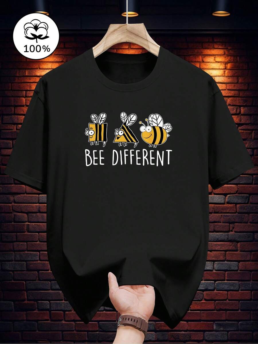 Camiseta% pura, estampado casual de manga corta para todas las estaciones - Negro - Ver 1