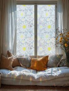 1 Roll White Daisy Mosaic Window Film, 44.5cm(17.5in) Width, Static Cling Non-Adhesive Privacy Glass Sticker, Iridescent Holographic Prism Effect, UV Blocking, Removable, With Installation Tools, For Home Office School Classroom Dormitory - Feverfew - View 3