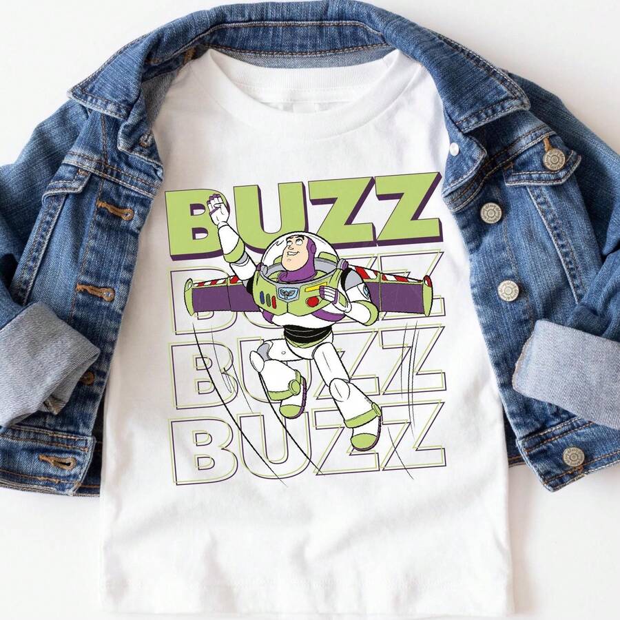 Unisex Disney Baumwoll-T-Shirt With "Buzz Lightyear" Letter-Print, Großer Schriftzug With Dynamischem Charakter Im Minimalistischen Stil - 白色 - 查看 1