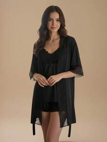 KIT 02 ROBES Luxo Romantic e Renda Roupão Confortável linha Noite Noiva e Maternidade. - Preto/ Vinho - Visão 2