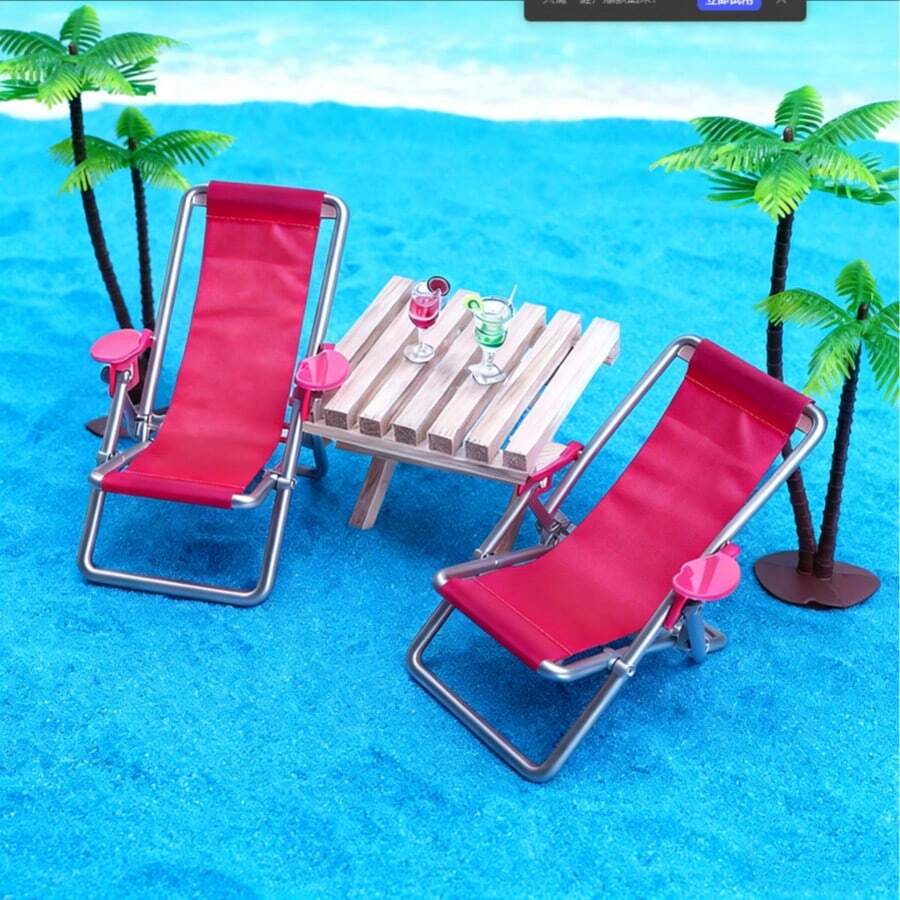Pink Beach Chair, Table And Cocktail Set For Dollhouse Beach Scene, Miniature Accessories For DIY Scene Building, Tiny Home Decor, OB11 Photography Props - Multicolor - View 1