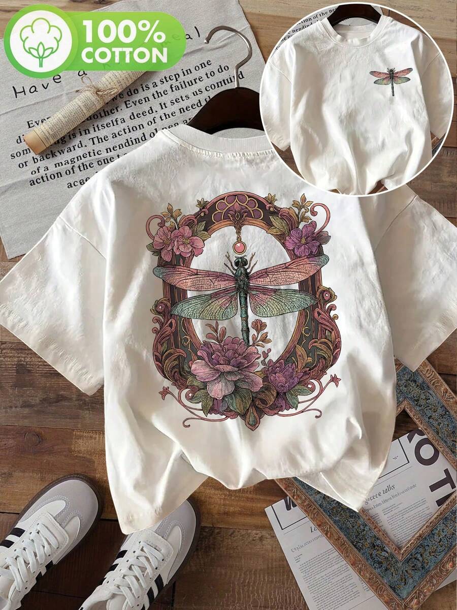 Minimalist, 100% Cotton, 1-Piece. Short-Sleeved T-Shirt With Floral And Dragonfly Print On Both Sides, Women's Casual Top For Spring And Summer. - 白色 - 查看 1
