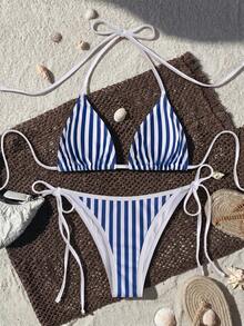 Women's Unique Textured Fabric Bikini Two Pieces Swimsuit Cute Spaghetti Strap Backless Design - Blue and White - View 4