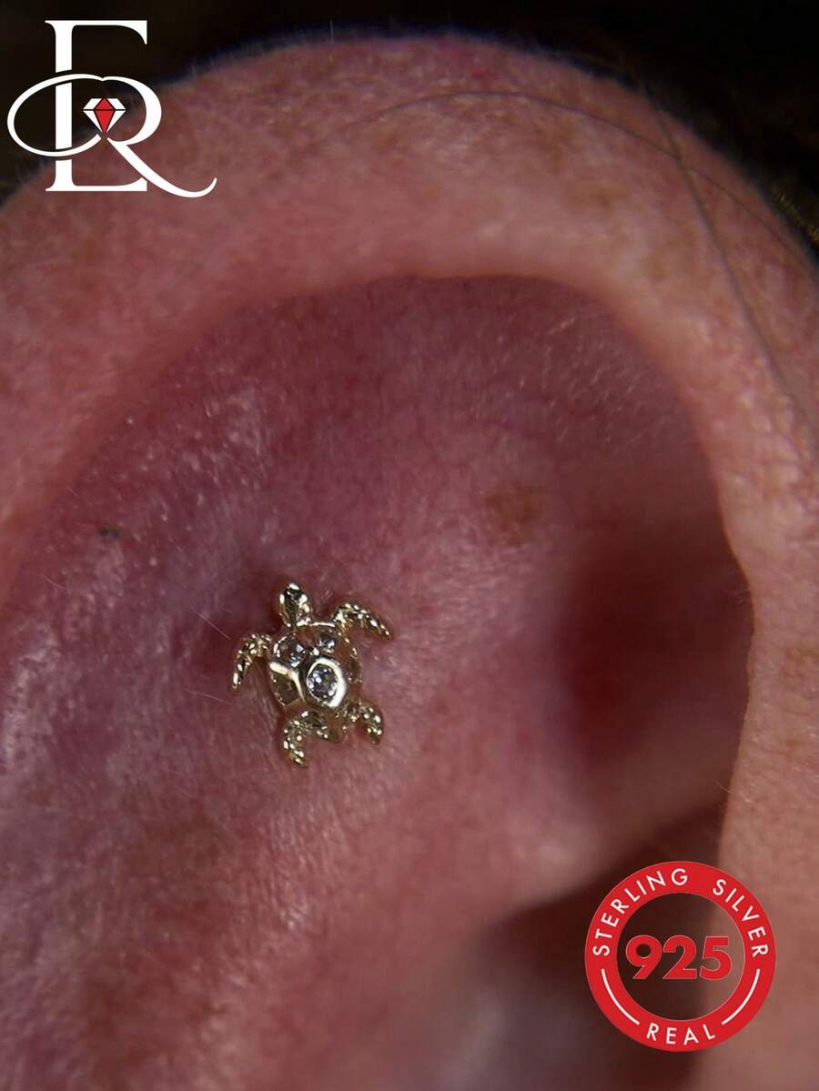 EleRunis 1pc 925 Sterling Silver Micro Turtle Flat Back Labret/Cartilage/Helix/Ear Rim Stud, Exquisite Jewelry, Suitable For Daily Wear And Parties - Gold - View 1