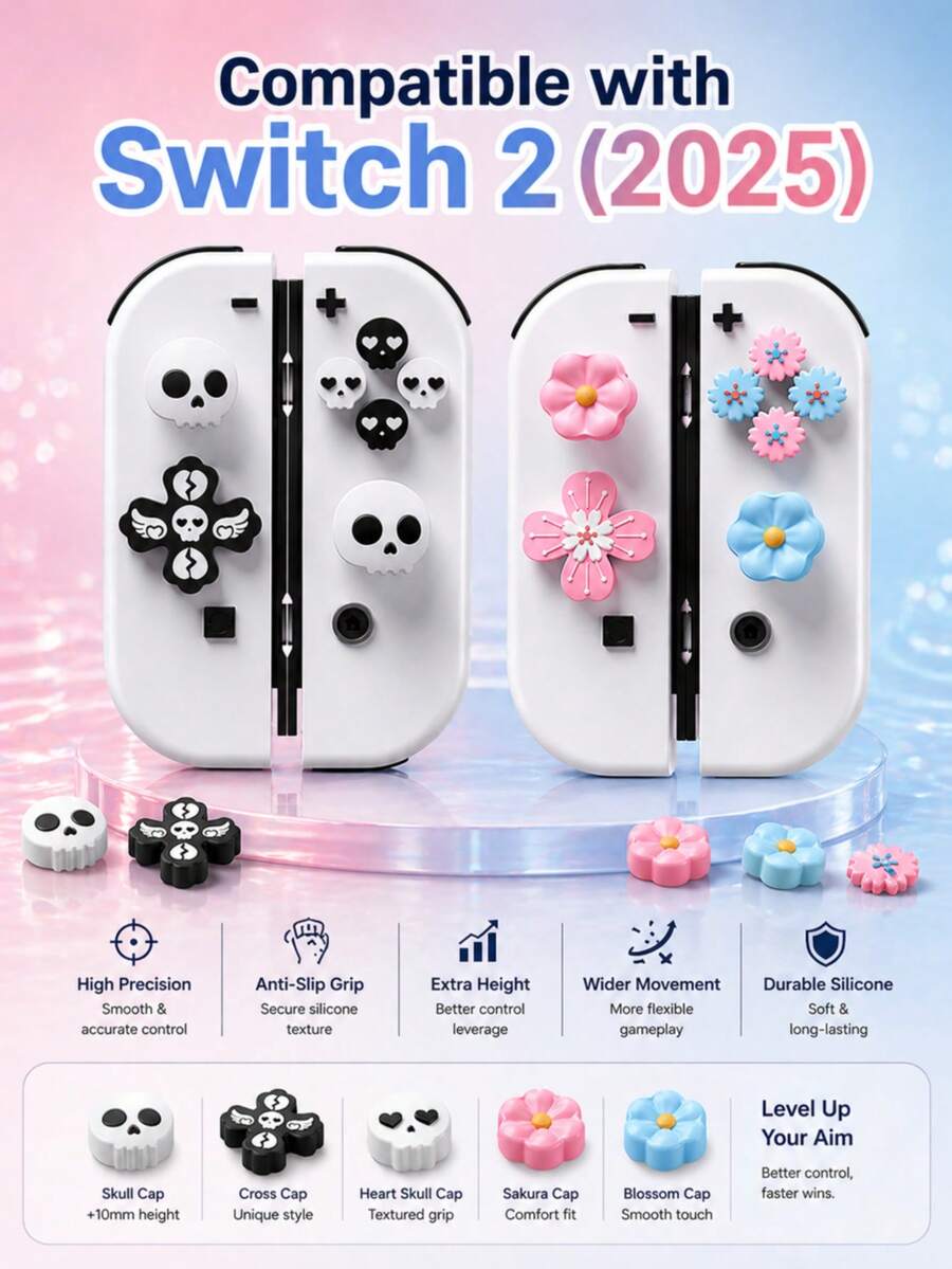 1pc Lovely Floral & Skull Directional Buttons & ABXY Button Caps For 2 / NS / OLED, New Switch 2 (2025) Accessories, Joycon Joystick Cap Set - Multicolor - View 1