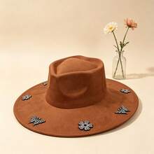 Elegant  Felt Hat With Sparkly Rhinestone Butterfly  Flower Details For Daily  Vacation Outfits - marrón rojizo - Ver 4