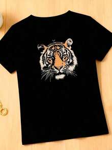 Camisetas Gráficas Talla Grande Vintage con Estampado de Tigre Retro 100% Algodón - Negro 4 - Ver 1