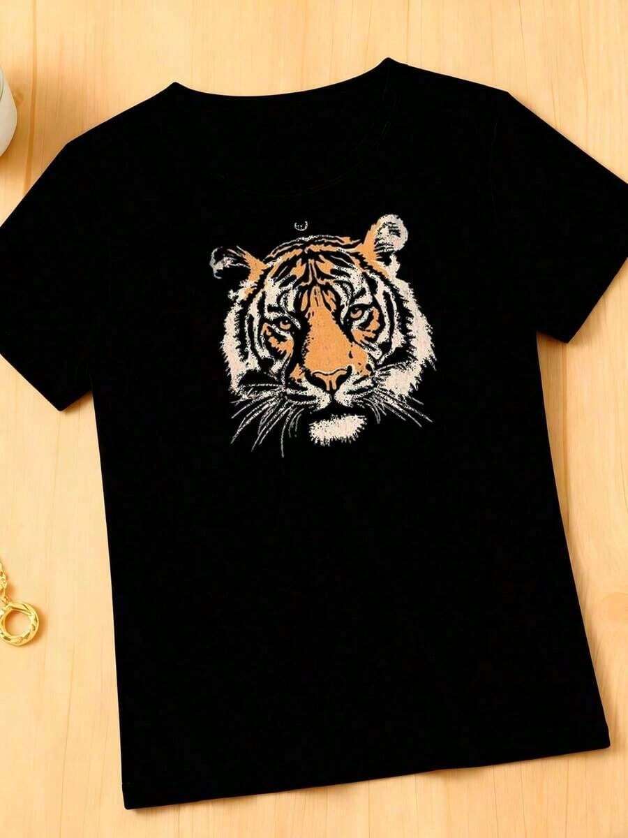 Camisetas Gráficas Talla Grande Vintage con Estampado de Tigre Retro 100% Algodón - Negro 4 - Ver 1