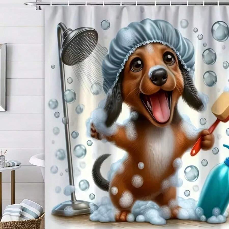 Charming Scenery, Soft & Waterproof Shower Curtain With Cute Cartoon Design - Includes Hooks, Perfect For Bathroom Decor - Baby Blue - View 1