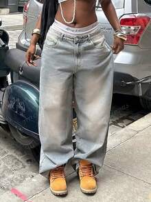 Women's American-Style Low-Rise Wide-Leg Jeans, Y2K Millennial Style Distressed Washed Loose Floor-Length Wide-Leg Pants - Grey - View 4