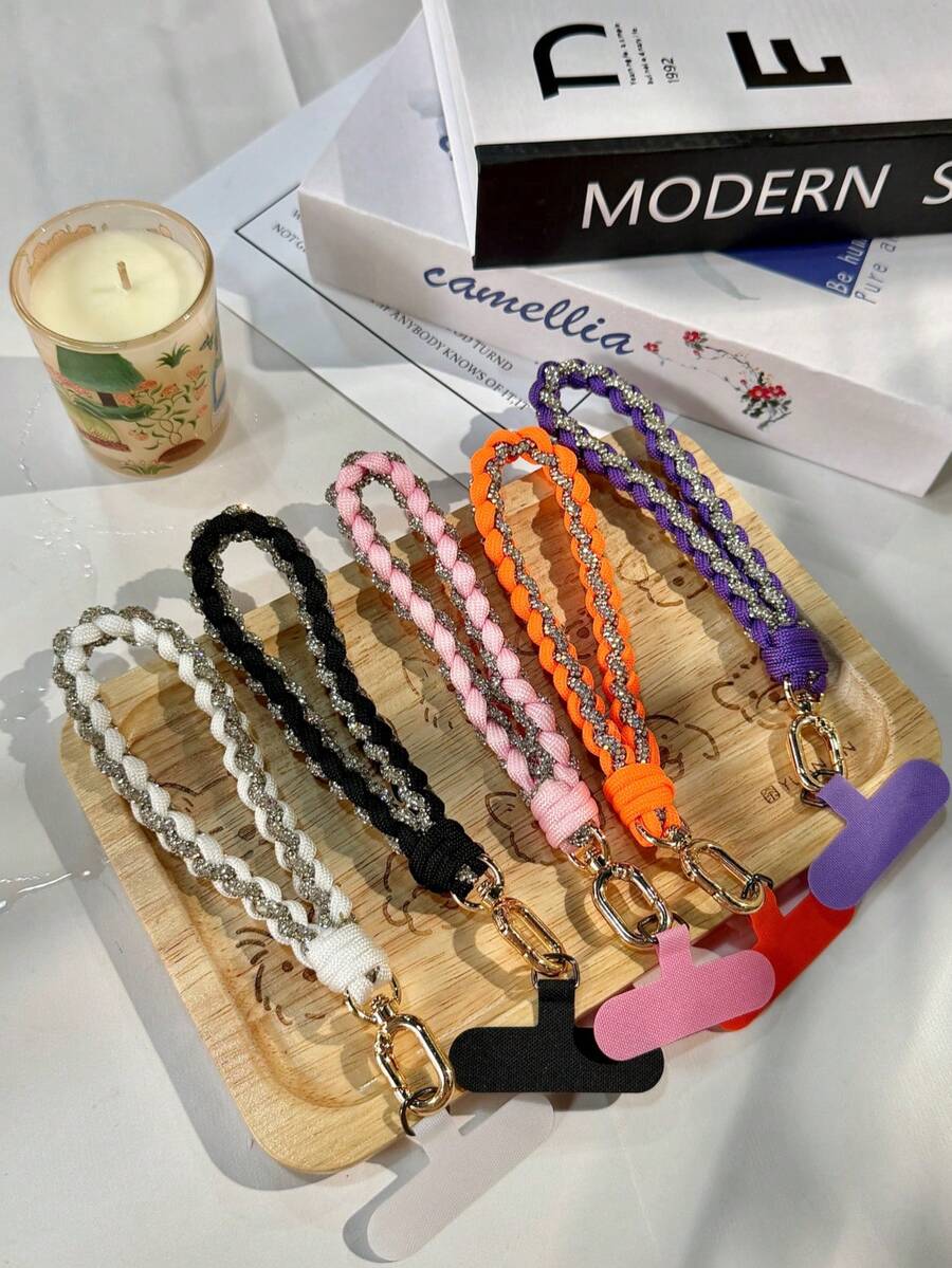 1pc Two-Tone Sparkling Rhinestone Braided Wrist Phone Lanyard/Personalized Bag Charm Pendant/Phone Case Charm