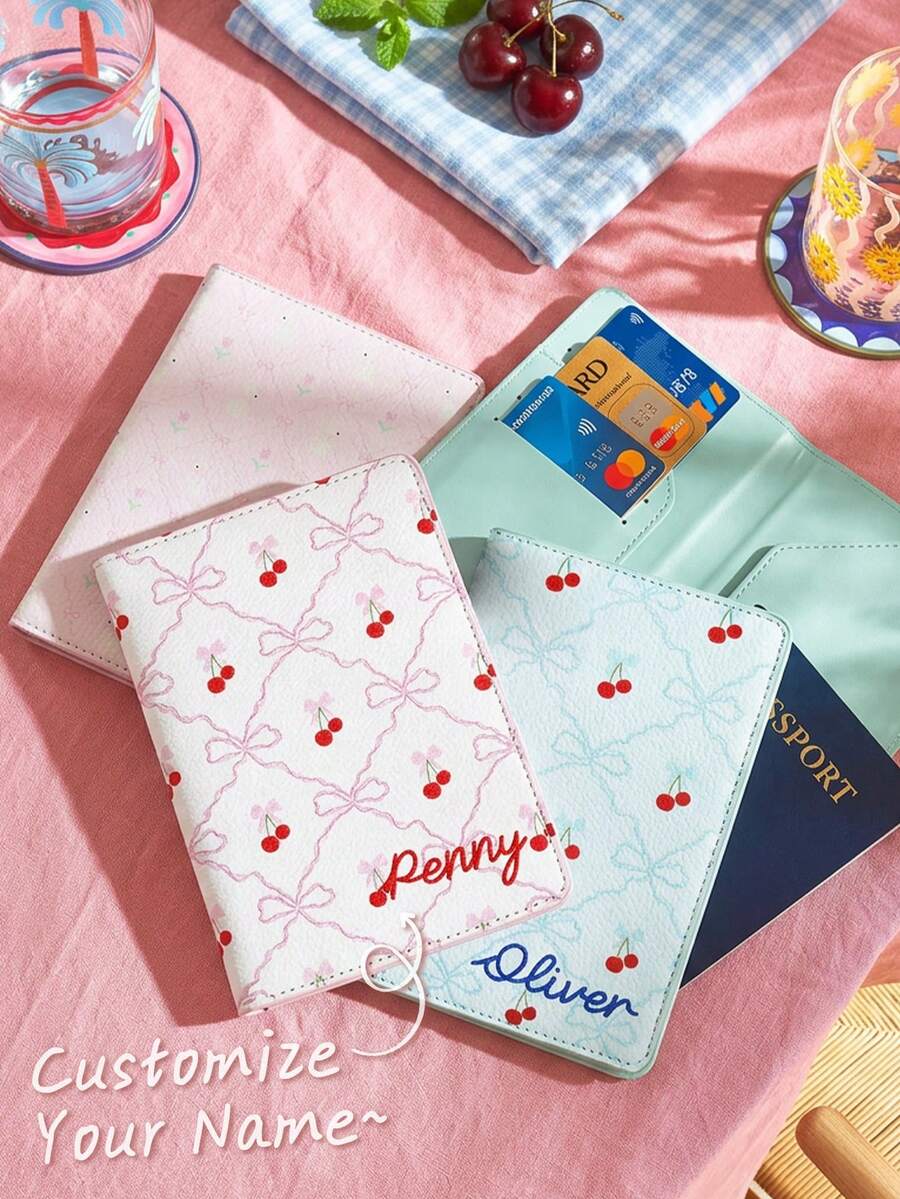1件客製化金箔可愛櫻桃兔子圖案護照套,旅行必備 RFID 防盜旅行文件收納包,送給女性的最佳禮物 - 均碼 - 查看 1