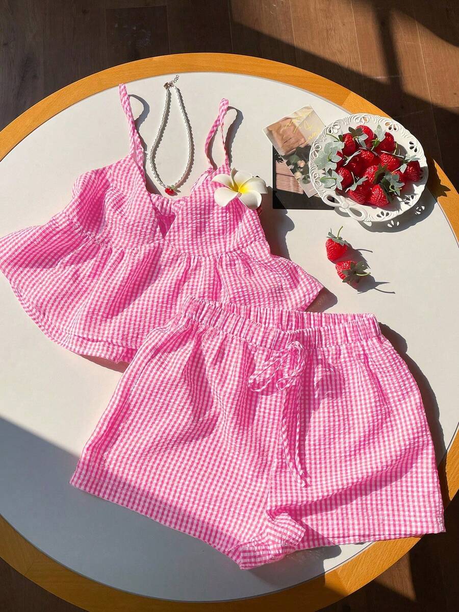 Set de 2 piezas de top de tirantes y shorts de cuadros amarillos tejidos para vacaciones y uso casual - Rosa 2 - Ver 1