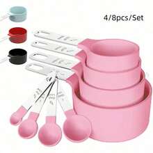 4/8pcs Stainless Steel Handle Multifunctional Plastic Measuring Spoons, Measuring Cups, Graduated Measuring Spoon Set, Cooking Baking Tools, Essential Kitchen Gadgets For Home And School - Pink - View 1