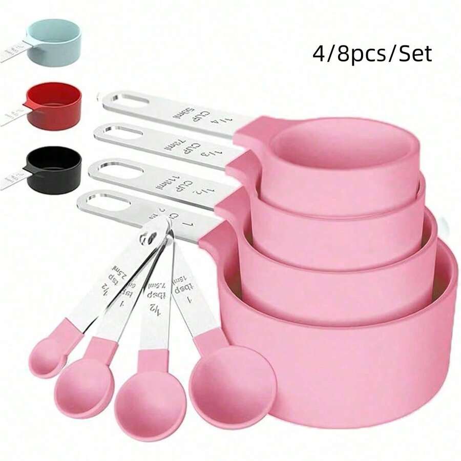 4/8pcs Stainless Steel Handle Multifunctional Plastic Measuring Spoons, Measuring Cups, Graduated Measuring Spoon Set, Cooking Baking Tools, Essential Kitchen Gadgets For Home And School - Pink - View 1