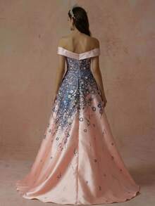 Off-Shoulder Long Elegant Sophisticated Tailored Applique & Print Pattern Strapless Evening Gown Wedding Party - Baby Pink - View 5