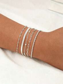 5pcs Vintage Punk Bracelet Set, Metal Chain Link Combination, Rope, Snake And Twisted Design Combination, Multi-Layer Bracelet, Daily Wear - Silver - View 2