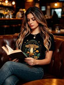 Camisetas divertidas - ¡Oferta por tiempo limitado! Camisetas de manga corta para mujer con estampados de helechos y setas - Prendas informales de verano, perfectas para lucir en verano. - Negro - Ver 1
