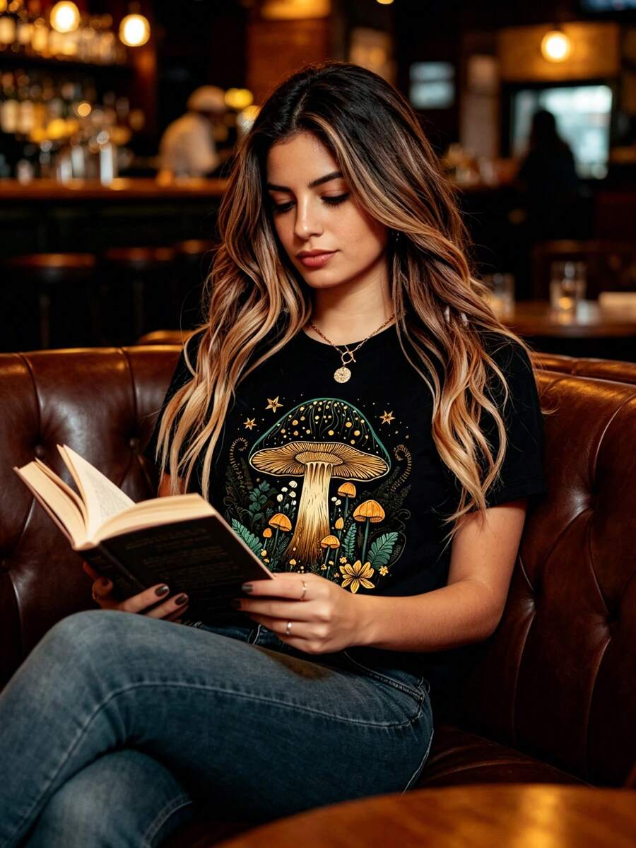 Camisetas divertidas - ¡Oferta por tiempo limitado! Camisetas de manga corta para mujer con estampados de helechos y setas - Prendas informales de verano, perfectas para lucir en verano. - Negro - Ver 1