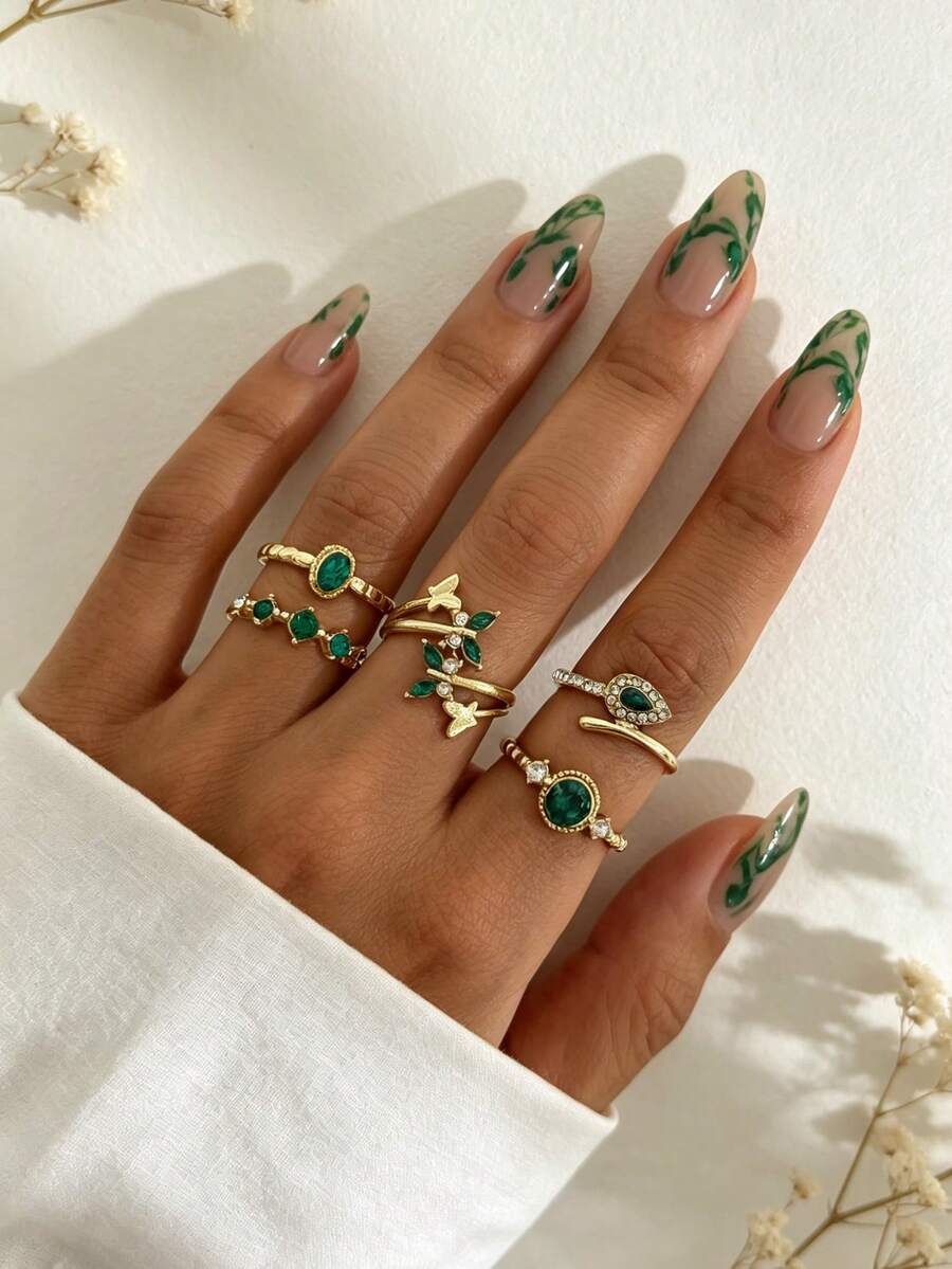 5PCS Fashion Versatile Faux Emerald Snake-Shaped Rhinestone Ring Set, Multi- Butterfly & Teardrop Rhinestone Rings For Women - Gold - View 1