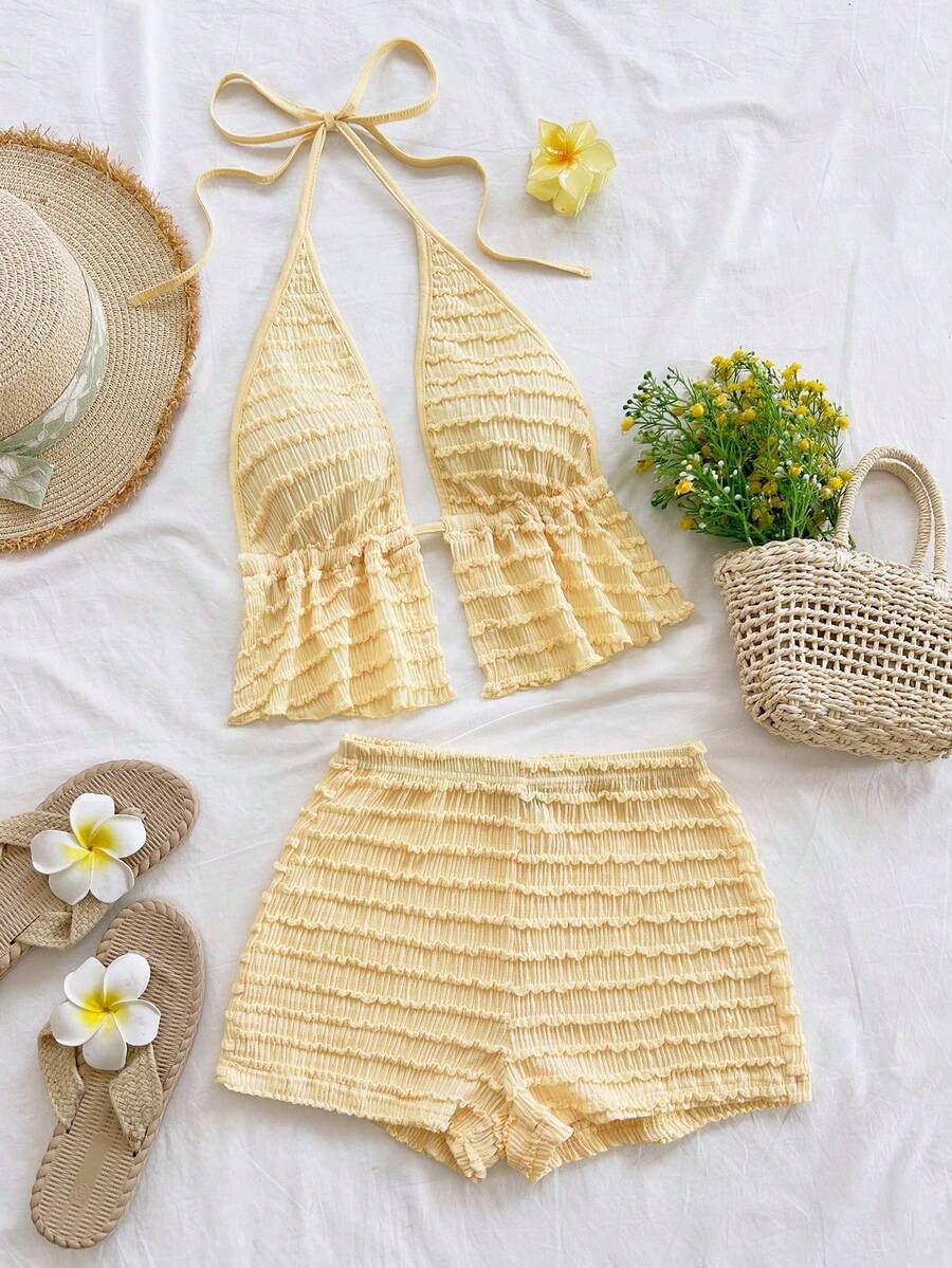 Conjunto de 2 piezas de top halter sin espalda y shorts a rayas para vacaciones casual de mujer - Amarillo claro - Ver 1