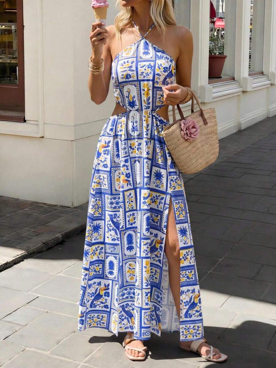 Women Midi Dresses - Blue and White - View 1