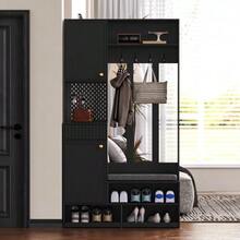 Wardrobe Set, Complete Hallway Wardrobe Set With Bench, 4 Hooks, Doors & Drawers, Compact Dimensions 100*180*35 Cm (W*H*D) - Black - View 4