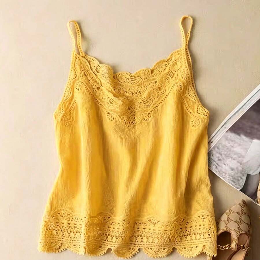 女款時尚復古休閒寬鬆純色鏤空刺繡蕾絲拼接細肩帶背心上衣 夏季黃色 - 黃色 - 查看 1
