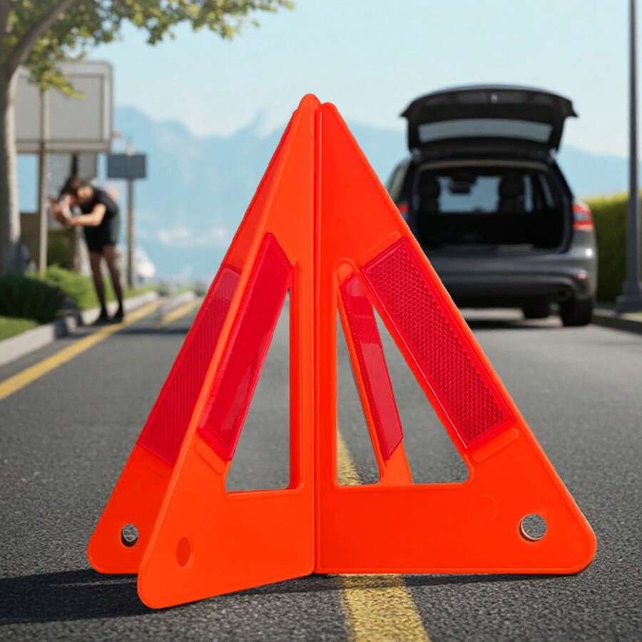 2pcs High Visibility Reflective Car Triangle Set - Durable Plastic, Rear Exterior Accessory - Tripod - View 1