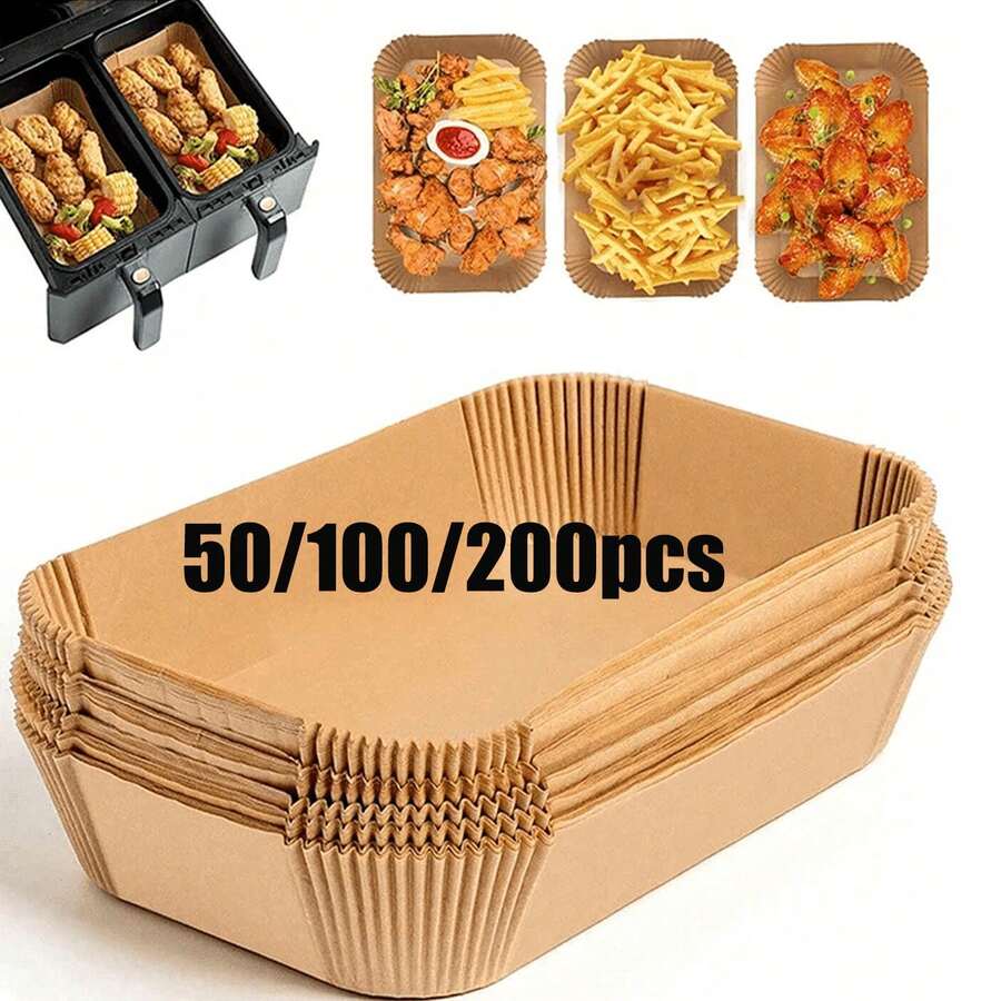 50/100/200入拋棄式氣炸鍋紙墊，長方形，廚房配件，不沾烘焙紙，適用於雙層氣炸鍋，氣炸鍋配件，防油防水氣炸鍋廚房氣炸鍋墊紙