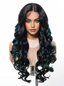 13*5*1 T-Part Lace Front Hair Wigs Black Highlights Green Long Curly Mid Split Wigs , Half Wig Natural Synthetic Heat Resistant Wigs For Women Daily Party Use Natural Looking, Halloween Christmas Gifts, Gifts For Girlfriends - Green Highlight - View 7
