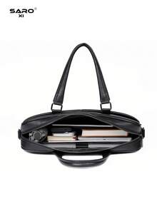 saroxi Tas Laptop Pria, Kapasitas Besar untuk Dokumen dan Perlengkapan Kantor, Gaya Komuter Bisnis, Kulit PU, Tekstur Leci Minimalis Warna Polos, Hadiah untuk Suami, Perlengkapan Penting Musim Gugur - Hitam - View 11