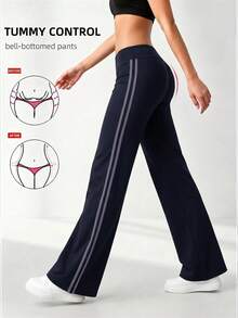 Women's Casual Slim Fit Flare Pants With Contrast Side Stripe, Suitable For Daily Commute And Sports - Black - View 2