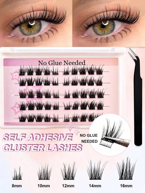 50 Stück C-Curl selbstklebende künstliche Wimpern, ohne Kleber, 8-16mm gemischte Länge, flauschiger Katzenaugen-Stil, ohne klebrige Rückstände, vorgeklebt, DIY einfach anzubringen