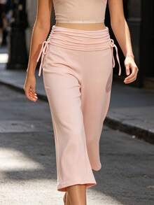 Womens Casual Capri Pants Solid Color Dot Print Ruched Drawstring Waistband Wide Leg Trousers Lounge Pants - Pink - View 4