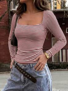 Vaiaye Women's Sexy Fitted Long Sleeve Blouse, Square Neck, Solid Color, Casual And Versatile, Minimalist For Everyday Wear, Spring/Summer - 墨綠色 - 查看 3