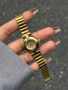 1件復古銀色不鏽鋼方形小錶盤女款手錶，時尚優雅石英女士腕錶，適合日常佩戴 - 金色 - 查看 6