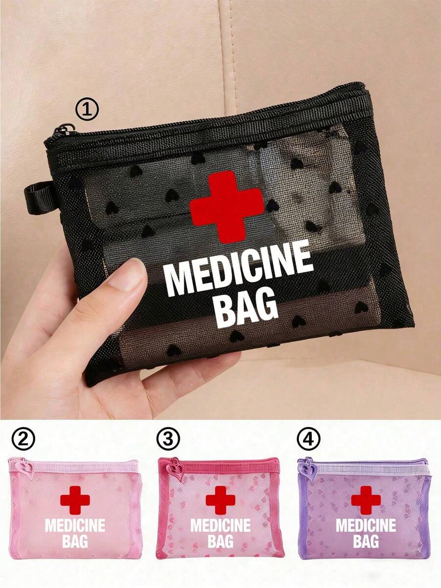 迷你便攜式網格藥袋，印有「Medicine」字母與十字圖案，急救包、醫療緊急袋、戶外居家收納袋、旅行收納袋、化妝袋、美容袋、度假收納袋、護膚袋、護唇油收納袋，母親節禮物、生日禮物、浴室收納、學生宿舍盥洗包，送給妻子、家人、朋友的禮物