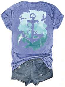 Sea Print Round Neck T-Shirt, Casual Vacation Women's Short Sleeve Top, Women's Clothing, Retro Loose-Fit T-Shirt - 白色 - 查看 8