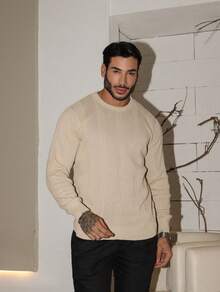 Men's Knitted Sweater Top Chic High Quality Textured Autumn Winter Long Sleeve - Beis - Ver 10