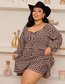 Women's Plus Size Loose-Fitting Checkered Jumpsuit Dress - 棕黑色 - 查看 2