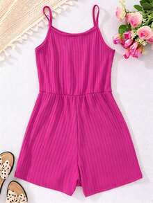 Teen Girl Solid Color Spaghetti Strap Jumpsuit In Ribbed Fabric - Hot Pink - View 2