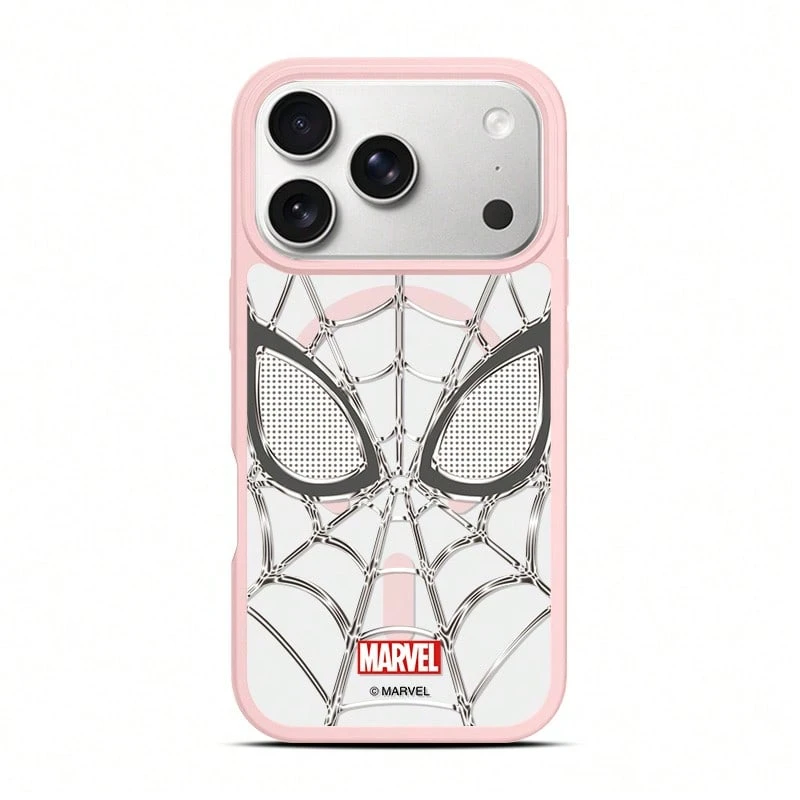 Miniso Marvel Avengers 蜘蛛人個性化蜘蛛網 MagSafe 磁吸充電手機殼，適用 iPhone 17/17 Pro Max/16/17 Pro/15/14/16 Plus/17 Air/13/15 Pro/12/15 Plus，男款防摔保護殼，相容 Apple - 粉色 - 查看 1