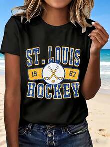 St Louis Hockey T Shirt With Vintage Design And Crossed Sticks 1967 Print Casual Summer Top For Women Fashionable Sporty Look Perfect For Beach Outings And Everyday Wear Great Gift Choice - 黑色 - 查看 12