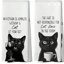 2pcs Cute Black Cat Kitchen Towels, Soft Absorbent Durable, Machine Washable, Warm Housewarming Gift For Friends, Kitchen Accessories & Essentials - Black and White - View 8