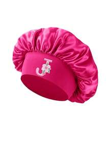1pc Toddler Satin Hair Bonnet, Hair Protection, 3-8 Years Old Girls Sleep Cap, Floral & Letter Design, Adjustable Night Cap - Hot Pink - View 6