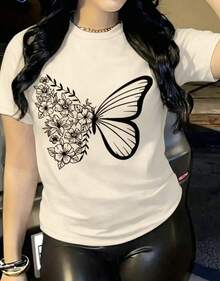 Women's Casual Style T-Shirt, Fashionable Butterfly And Floral Print, Soft Fabric, Loose Fit, Round Neck, Short Sleeves, Perfect For Spring And Summer Everyday Wear. Butterfly, Floral, Chic T-Shirt - 杏色 - 查看 6
