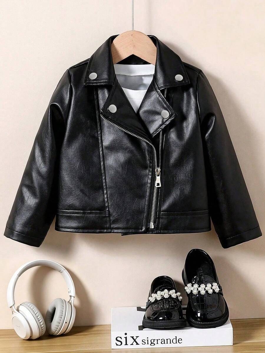 Chaqueta de motocicleta informal con cremallera y manga larga de unicolor para niña preadolescente, primavera y otoño - Negro - Ver 1