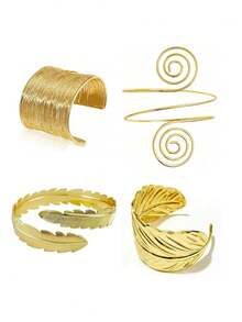 4pcs/Set Luxury Elegant Coil Leaf Bracelet, Spiral Feather Arm Ring, Women's Party, Wedding Banquet Accessories, Fashionable Elegant Style, Suitable For Vacation Party Outings, Gift Giving - Gold - View 10